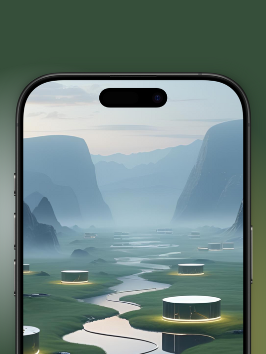 Imagen Zoom Arriba de un campo con un río moderno minimalista y futurista basado en cómo sería el mes de septiembre en el año 3000. Se ve un cable blanco en el río zigag con bordes redondeados y casas cilindricas anchas modernas, en el fondo se ven montañas e inmensas rococidades.