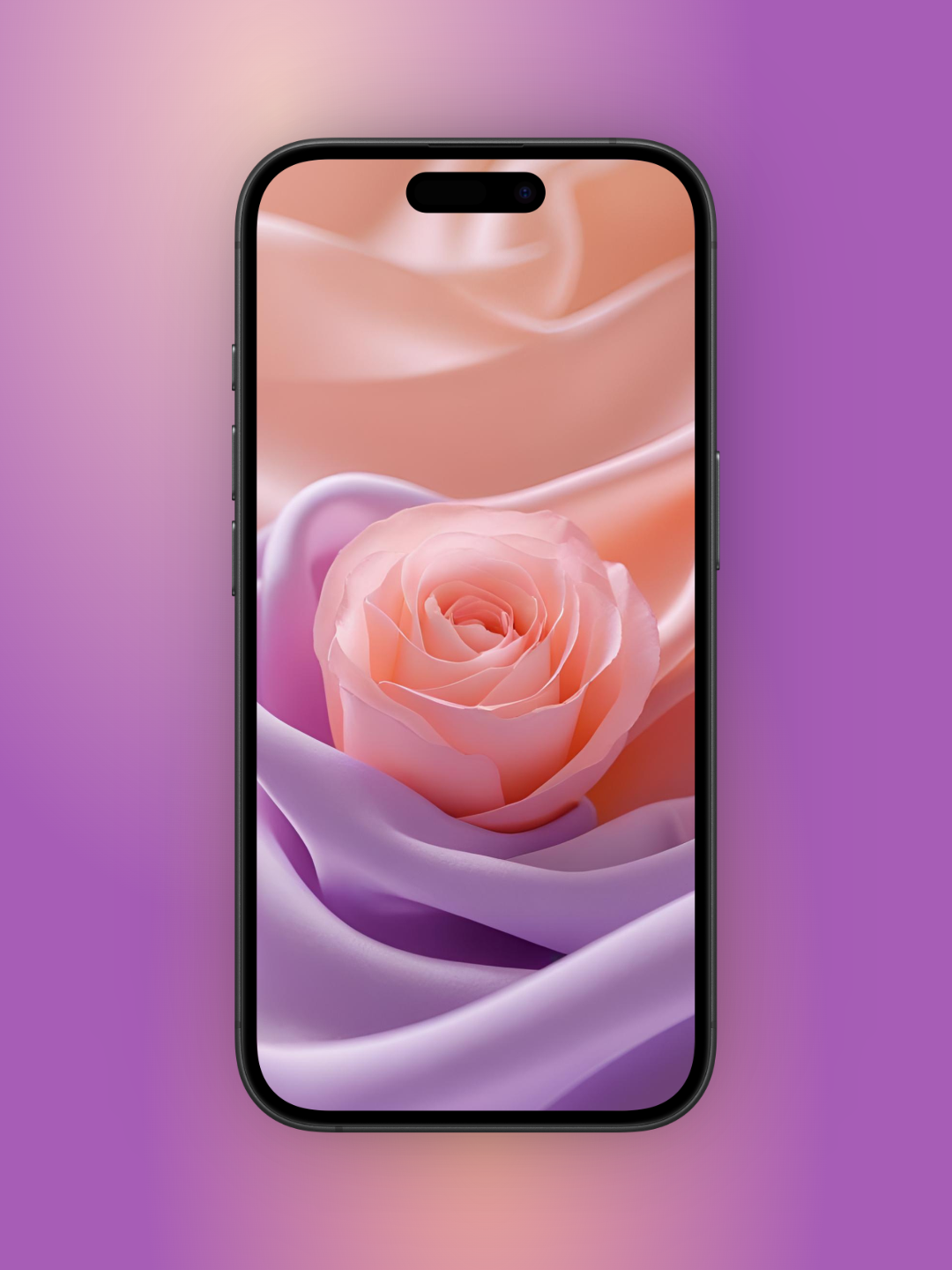 A single, vibrant peach-pink rose is the central subject of the image. The rose is in sharp focus, showcasing its delicate petals and intricate center. The rose is positioned near the center of the image, nestled amongst flowing, smooth, and slightly glossy light-purple and light-peach colored fabric-like drapes or silk. The drapes seem to wrap around the rose in a soft, almost liquid-like way. The colors are soft and pastel, creating a gentle and romantic atmosphere.