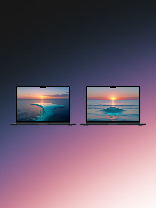 Two digital illustrations of laptops with different sunset beach scenes displayed on their screens. Both laptops are depicted against a gradient background that transitions from a dark, star-speckled night sky at the top to a soft, pink and purple hue at the bottom. The laptop on the left shows a sunset over a tranquil ocean with a small, sandy islet. The laptop on the right displays a sunset reflecting on the calm surface of the water.