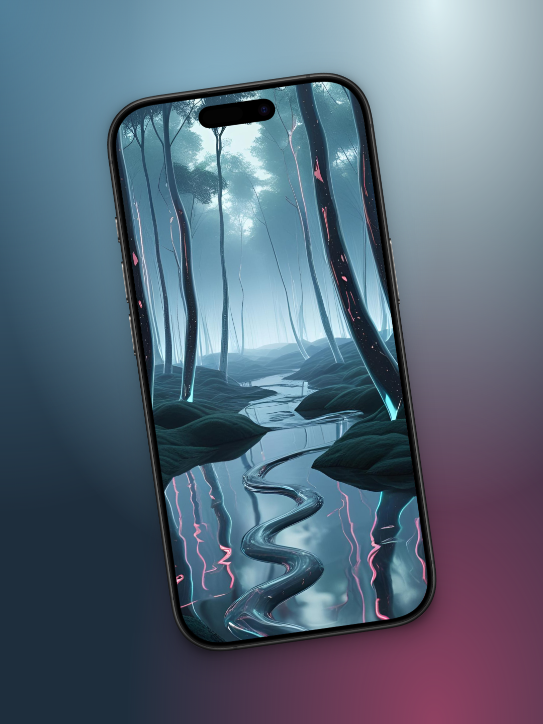 bosque futurista imagen en diagonal de un bosque moderno con una sombra de agua debajo, con tonos sobrios con neon y en un día nublado