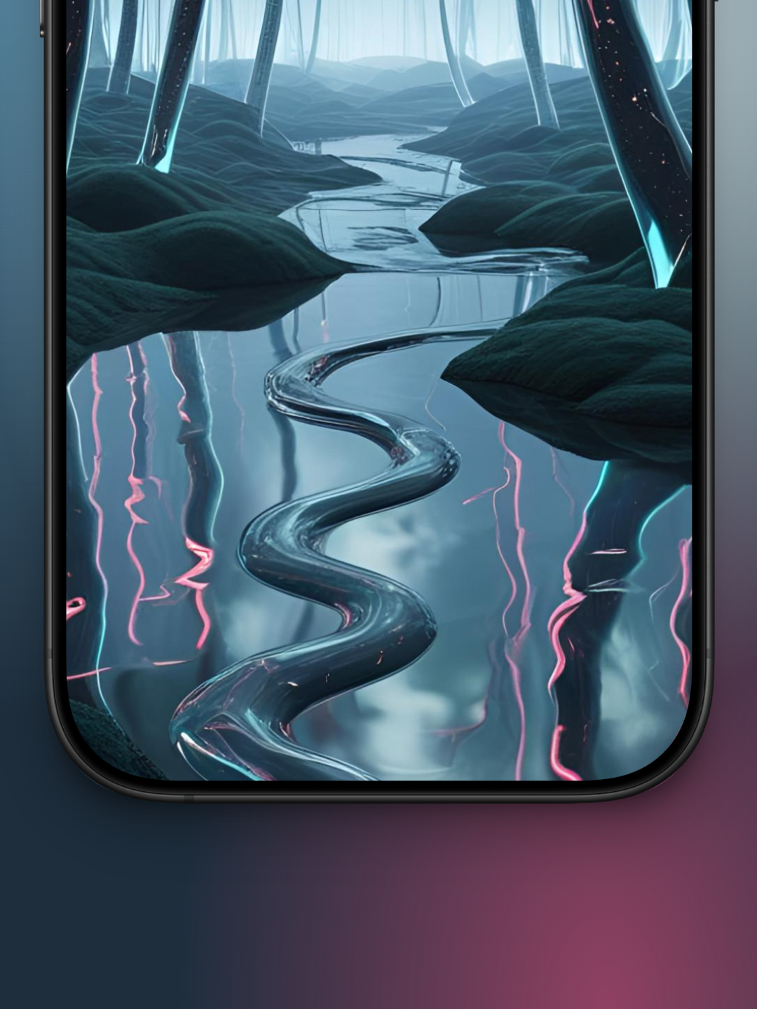 bosque futurista imagen zoom de abajo de un bosque moderno con una sombra de agua debajo, con tonos sobrios con neon y en un día nublado