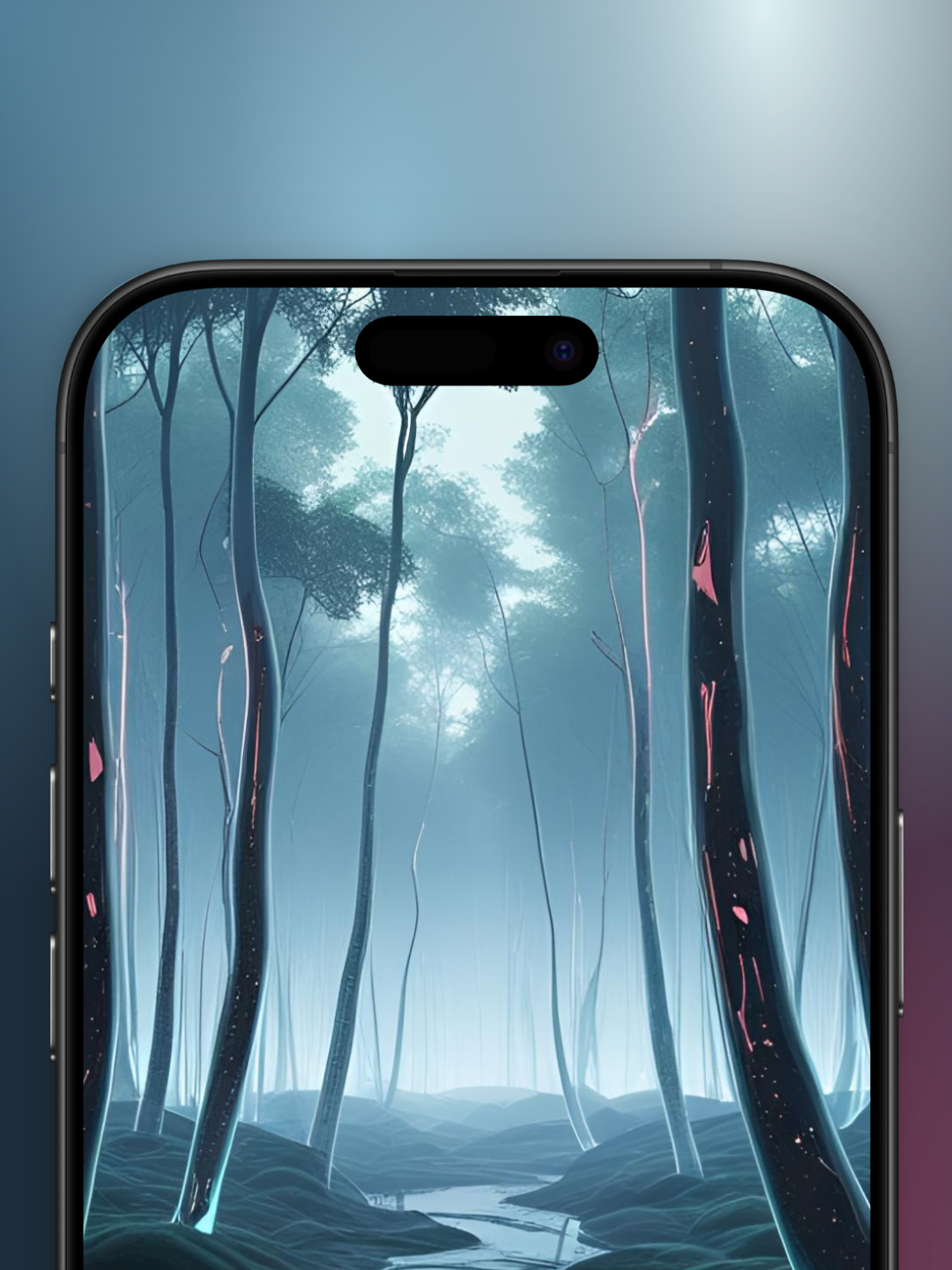 bosque futurista imagen zoom de arriba de un bosque moderno con una sombra de agua debajo, con tonos sobrios con neon y en un día nublado