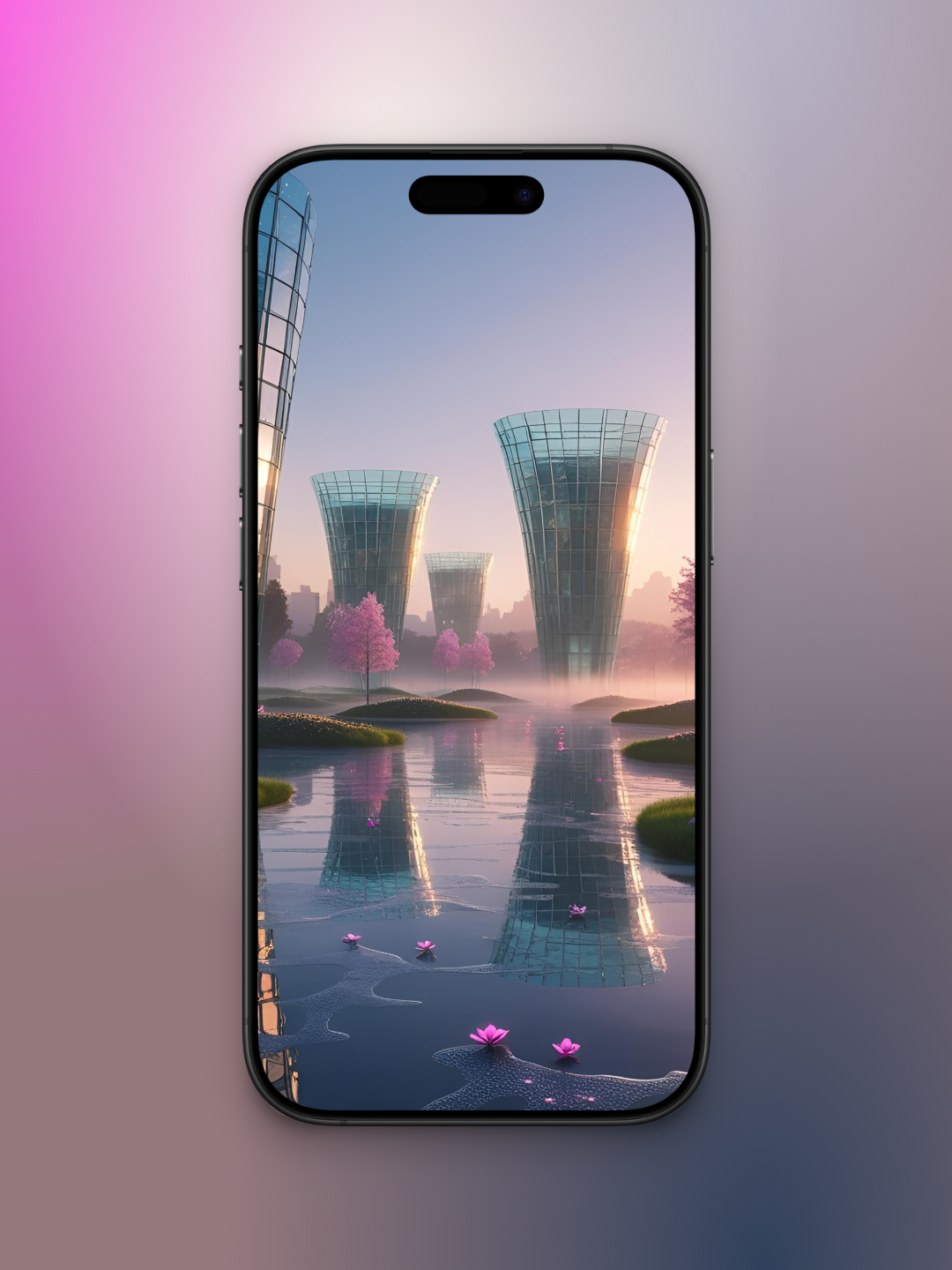 ciudad bonita futurista imagen de portada de un una ciudad con edificios conicos en forva de V modernos como si fueran de solo vidrio, debajo arboles rosados y flores. Todo sobre un jardin acuatico con pequeñas islas verdes, se reflejan arboles y edificios.