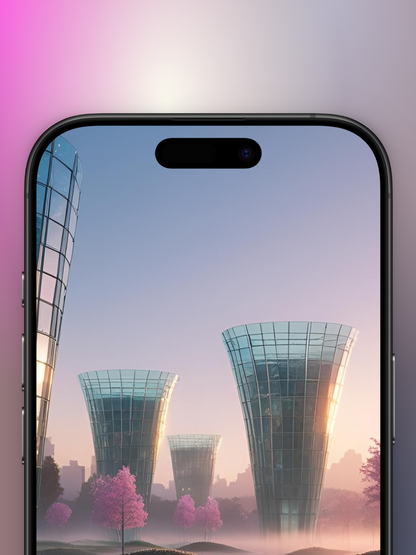 ciudad bonita futurista imagen de Zoom Arriba de una ciudad con edificios conicos en forva de V modernos como si fueran de solo vidrio, debajo arboles rosados y flores. Todo sobre un jardin acuatico con pequeñas islas verdes, se reflejan arboles y edificios.