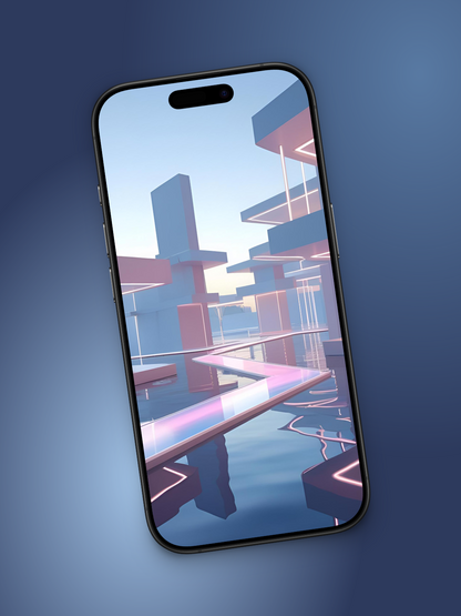 Imagen ladeada de una ciudad minimalista y futurista basado en cómo sería el mes de julio en el año 3000 con un puente cristalizado con reflejos azules y camino rosado sobre el agua y edificacion rectangular con luces neon en el borde.