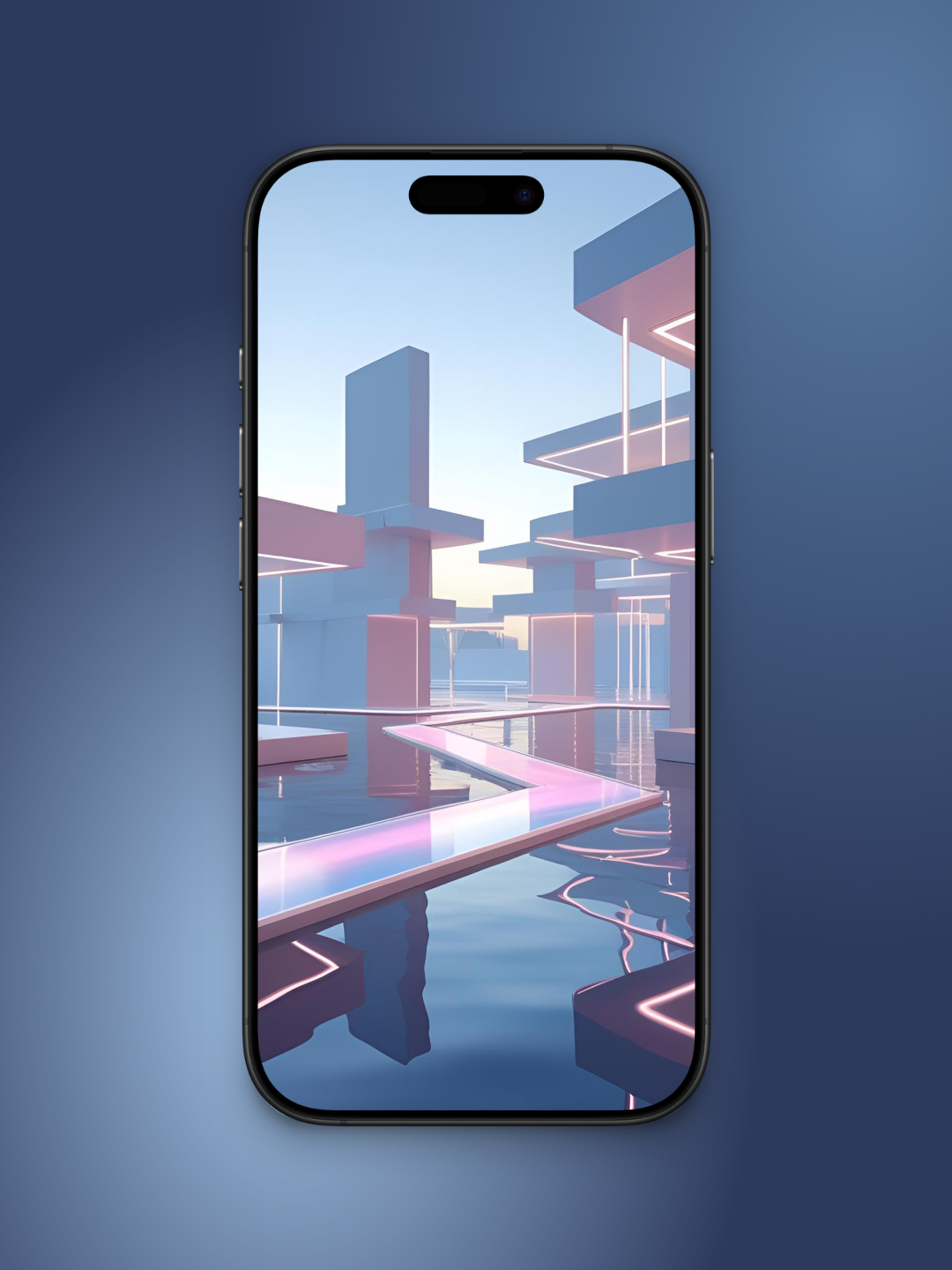 Imagen de una ciudad minimalista y futurista basado en cómo sería el mes de julio en el año 3000 con un puente cristalizado con reflejos azules y camino rosado sobre el agua y edificacion rectangular con luces neon en el borde.