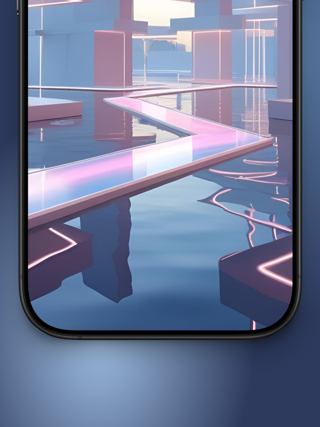 Imagen zoom desde abajo de una ciudad minimalista y futurista basado en cómo sería el mes de julio en el año 3000 con un puente cristalizado con reflejos azules y camino rosado sobre el agua y edificacion rectangular con luces neon en el borde.