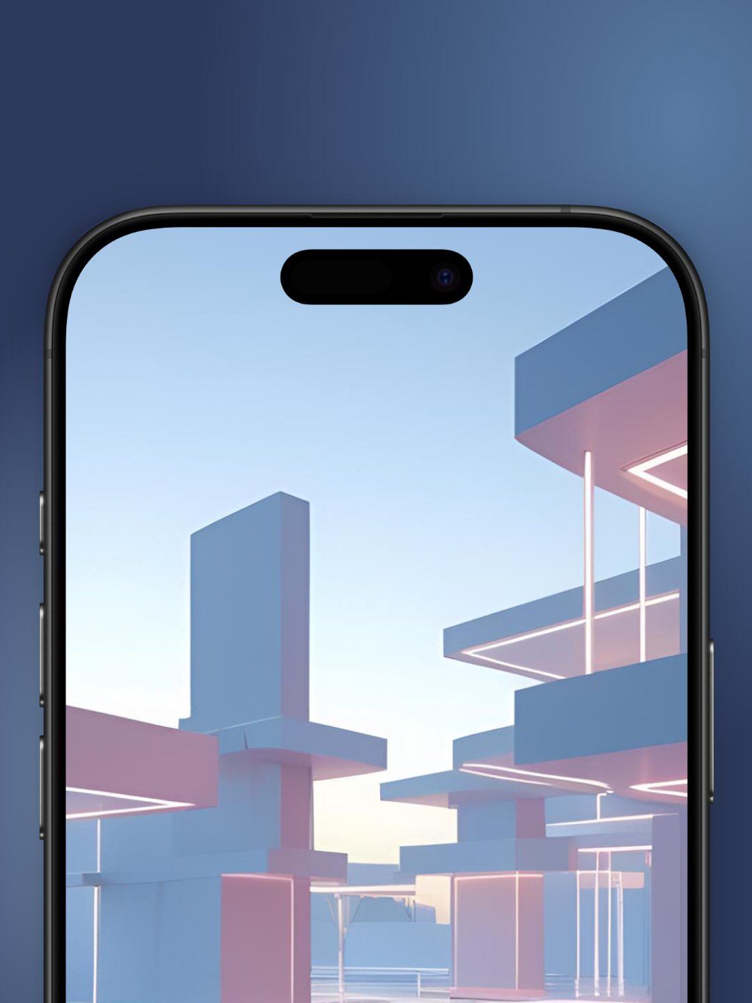 Imagen zoom desde arriba de una ciudad minimalista y futurista basado en cómo sería el mes de julio en el año 3000 con un puente cristalizado con reflejos azules y camino rosado sobre el agua y edificacion rectangular con luces neon en el borde.