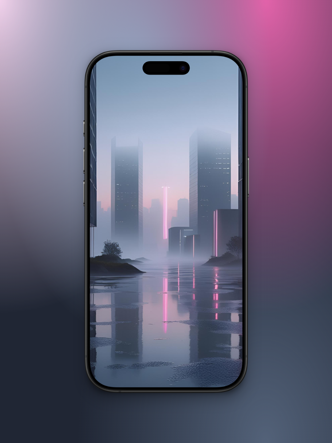 Imagen de ciudad oscura futurista basado en cómo sería el mes de noviembre en el año 3000 con rascacielos de ventanales negros con luces neon y reflejos de un dia lluvioso con suelo oscuro y reflejos de rascacielos y neon.