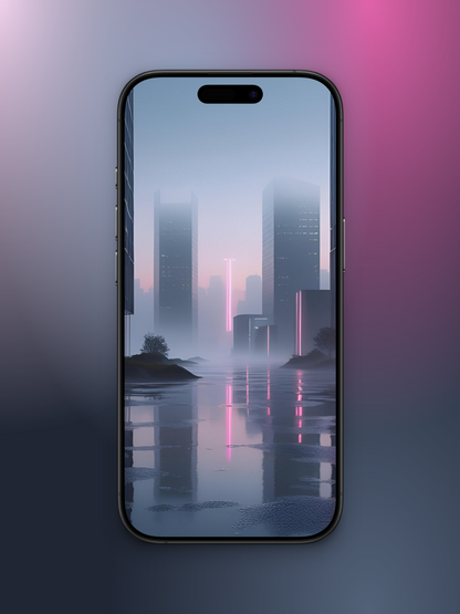 Imagen de ciudad oscura futurista basado en cómo sería el mes de noviembre en el año 3000 con rascacielos de ventanales negros con luces neon y reflejos de un dia lluvioso con suelo oscuro y reflejos de rascacielos y neon.