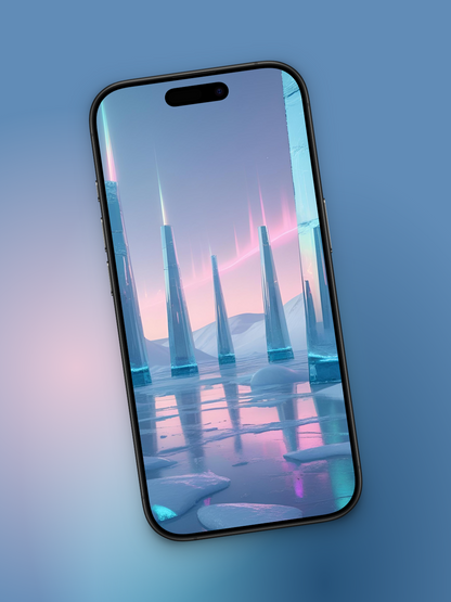 Imagen ladeada de ciudad de hielo futurista basado en cómo sería el mes de diciembre en el año 3000 con edificios en forma piramidal muy delgados metalizados holográficos y con puntas de luces holográficas y reflejos de hielo en tonos futuristas.
En el fondo se ve una aurora boreal rosada y montañas de nieve.