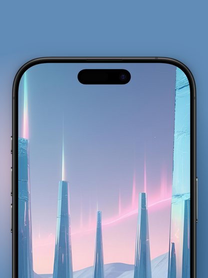 Imagen Zoom Arriba de ciudad de hielo futurista basado en cómo sería el mes de diciembre en el año 3000 con edificios en forma piramidal muy delgados metalizados holográficos y con puntas de luces holográficas y reflejos de hielo en tonos futuristas.
En el fondo se ve una aurora boreal rosada y montañas de nieve.