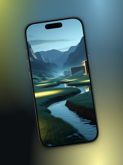 Imagen diagonal de una ciudad entre montañas con un río moderno minimalista y futurista basado en cómo sería el mes de octubre en el año 3000. Se ve un un angosto riachuelo zigag con bordes redondeados y casas rectangulares en el lado derecho, muy modernas, en el fondo se ven montañas  el cielo en tono azulado gris.