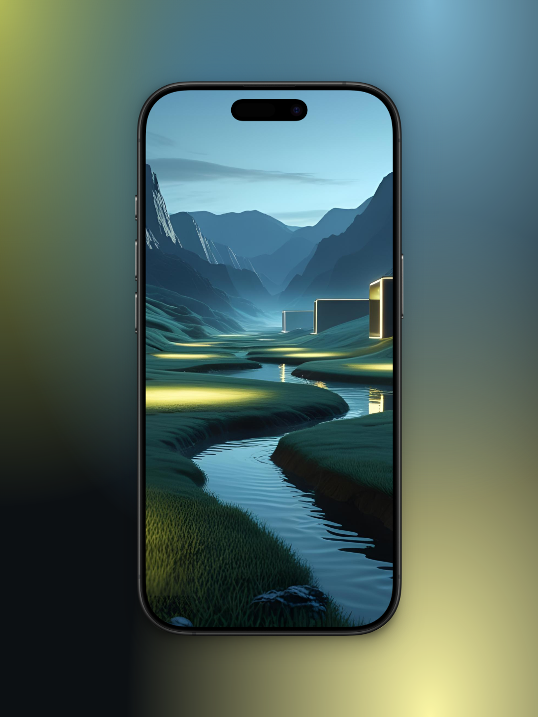 Imagen de una ciudad entre montañas con un río moderno minimalista y futurista basado en cómo sería el mes de octubre en el año 3000. Se ve un un angosto riachuelo zigag con bordes redondeados y casas rectangulares en el lado derecho, muy modernas, en el fondo se ven montañas  el cielo en tono azulado gris.