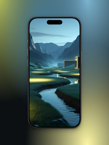 Imagen de una ciudad entre montañas con un río moderno minimalista y futurista basado en cómo sería el mes de octubre en el año 3000. Se ve un un angosto riachuelo zigag con bordes redondeados y casas rectangulares en el lado derecho, muy modernas, en el fondo se ven montañas  el cielo en tono azulado gris.