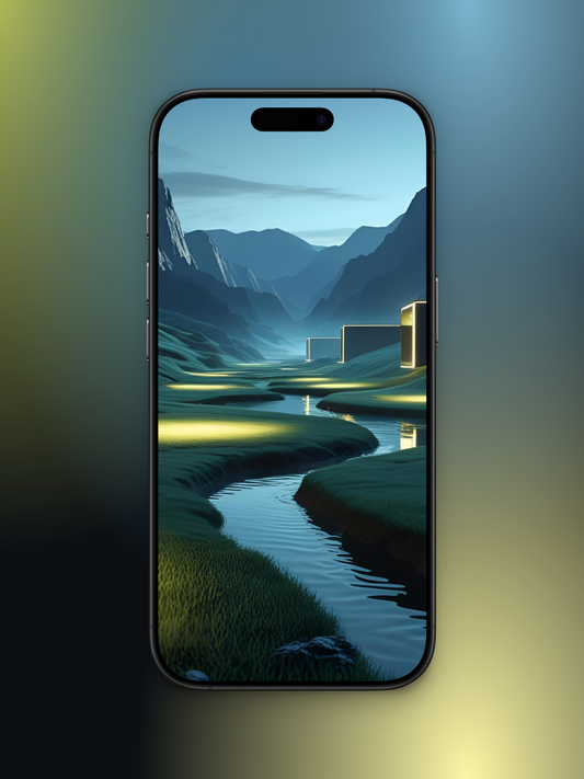 Imagen de una ciudad entre montañas con un río moderno minimalista y futurista basado en cómo sería el mes de octubre en el año 3000. Se ve un un angosto riachuelo zigag con bordes redondeados y casas rectangulares en el lado derecho, muy modernas, en el fondo se ven montañas  el cielo en tono azulado gris.