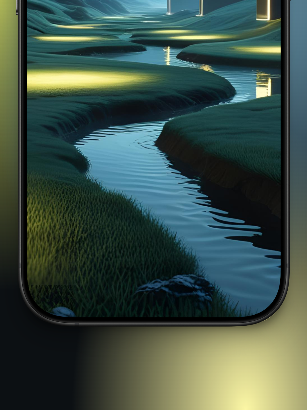 Imagen Zoom Abajo de una ciudad entre montañas con un río moderno minimalista y futurista basado en cómo sería el mes de octubre en el año 3000. Se ve un un angosto riachuelo zigag con bordes redondeados y casas rectangulares en el lado derecho, muy modernas, en el fondo se ven montañas  el cielo en tono azulado gris.