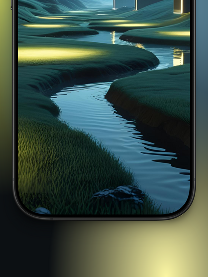 Imagen Zoom Abajo de una ciudad entre montañas con un río moderno minimalista y futurista basado en cómo sería el mes de octubre en el año 3000. Se ve un un angosto riachuelo zigag con bordes redondeados y casas rectangulares en el lado derecho, muy modernas, en el fondo se ven montañas  el cielo en tono azulado gris.