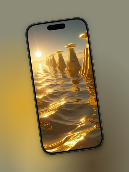 Imagen ladeada del oceano dorado en la hora dorada con reflejos dorados también y edificios modernos con punta similar a un ovni como si fuera de oro.