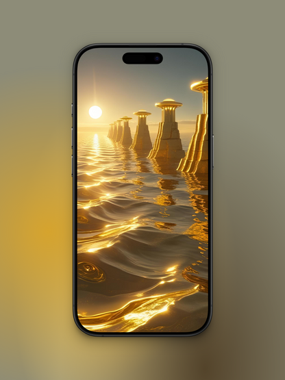 Imagen del oceano dorado en la hora dorada con reflejos dorados también y edificios modernos con punta similar a un ovni como si fuera de oro.