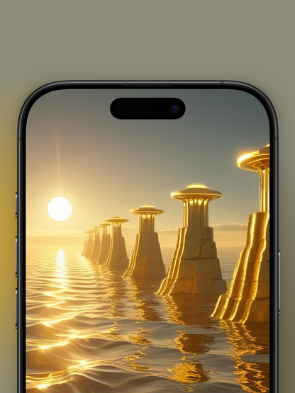 Zoom desde Arriba de Imagen del oceano dorado en la hora dorada con reflejos dorados también y edificios modernos con punta similar a un ovni como si fuera de oro.