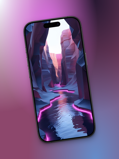 Imagen ladeada de un río y rocas en tonos oscuros y tierras basado en cómo sería el mes de agosto en el año 3000 se ve un río debajo de las inmensas rocas con el borde de luz neon rosada.