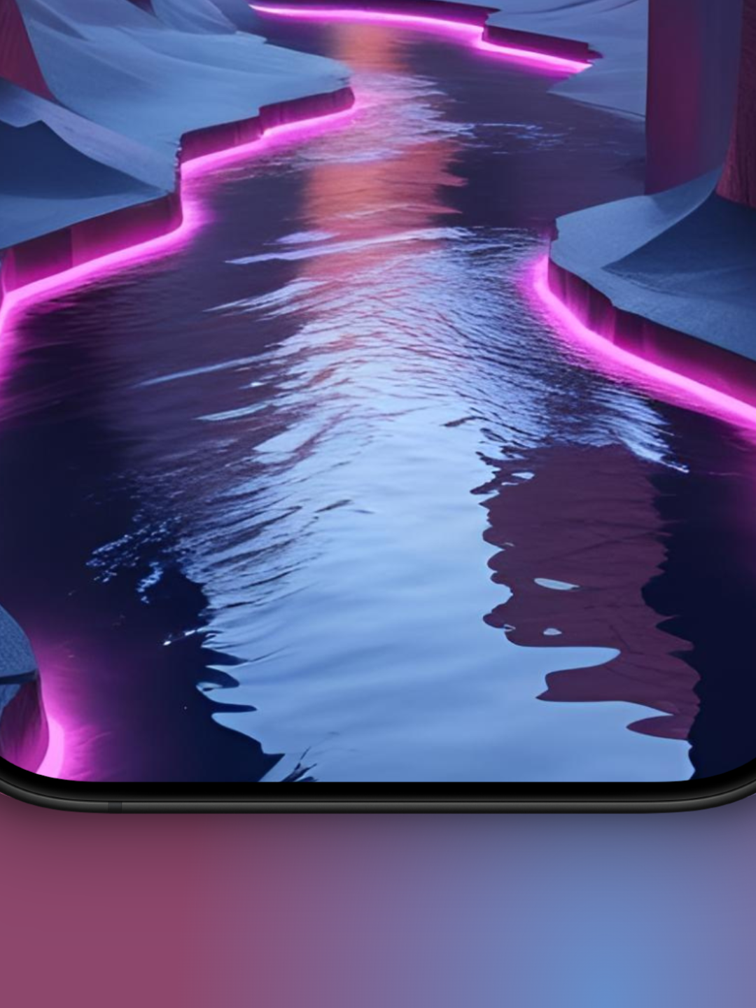 Imagen zoom abajo de un río y rocas en tonos oscuros y tierras basado en cómo sería el mes de agosto en el año 3000 se ve un río debajo de las inmensas rocas con el borde de luz neon rosada.