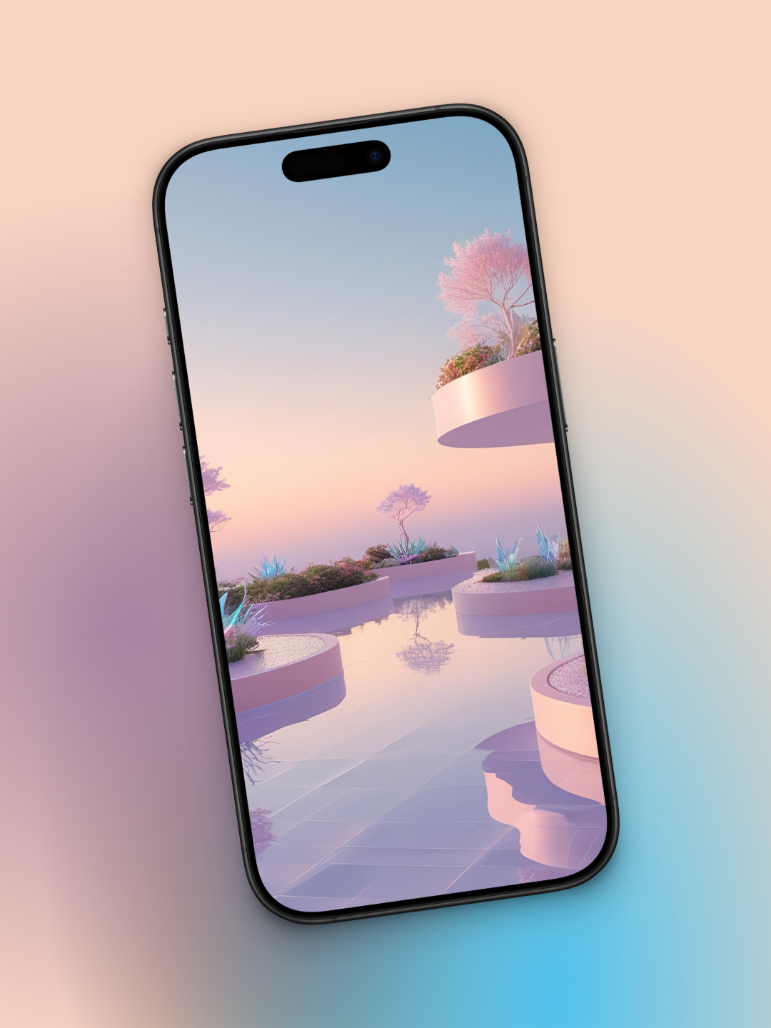 Imagen de una terraza futurista del año 3000 ladeada con una piscina en tonos rosados pasteles y un cielo gradiente de rosa muy claro hasta azul, además cuenta con balcones y cimientos redondeados con vegetacion sobre la piscina y arboles rosa pastel muy claro.