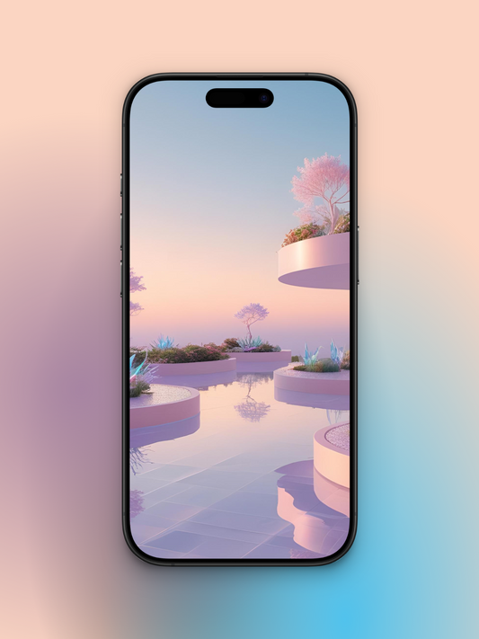 Portada de una terraza futurista del año 3000 ladeada con una piscina en tonos rosados pasteles y un cielo gradiente de rosa muy claro hasta azul, además cuenta con balcones y cimientos redondeados con vegetacion sobre la piscina y arboles rosa pastel muy claro.