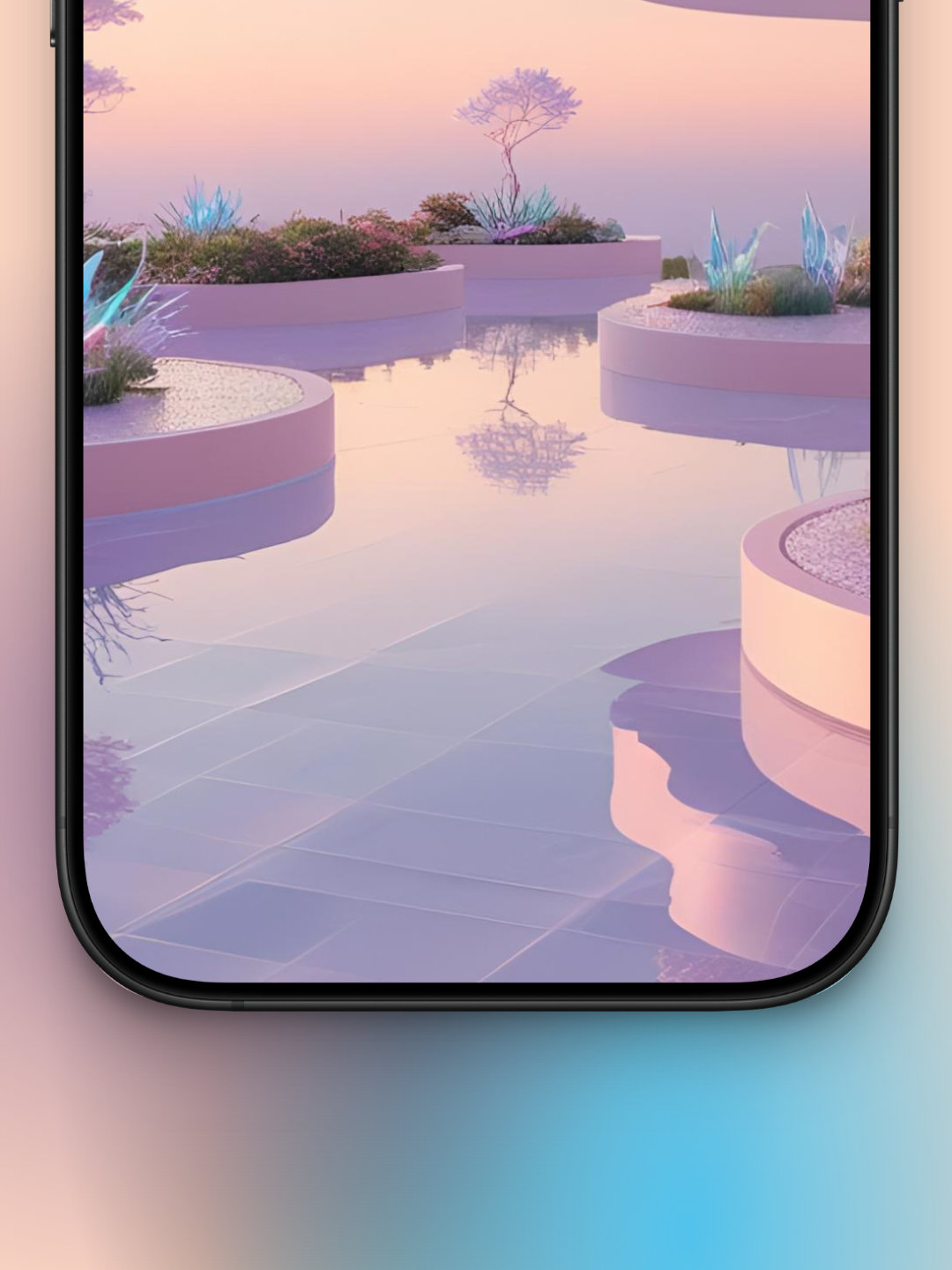 Imagen zoom de abajo de una terraza futurista del año 3000 ladeada con una piscina en tonos rosados pasteles y un cielo gradiente de rosa muy claro hasta azul, además cuenta con balcones y cimientos redondeados con vegetacion sobre la piscina y arboles rosa pastel muy claro.