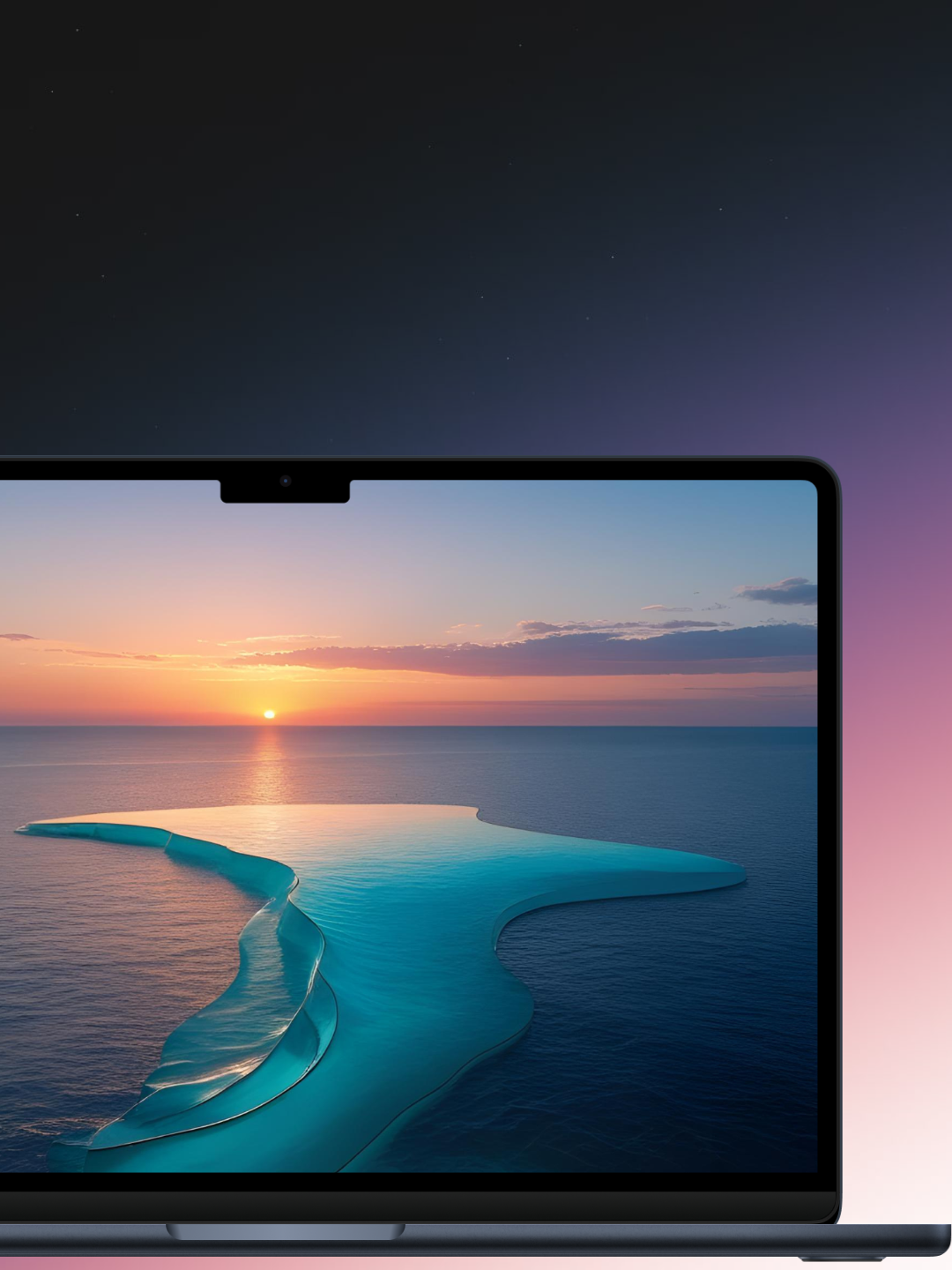 A detailed close-up of a laptop screen displaying a vibrant sunset over an ocean. The image focuses on the top half of the laptop, including the webcam notch at the top center of the screen, which is highlighted with a circular blue outline. The screen's wallpaper is a photograph of a sun setting into the horizon, casting an orange and pink glow across the sky. Below the horizon, a unique turquoise-colored sandbar or shallow reef curves through the deep blue ocean water.