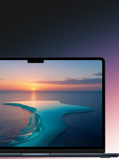 A detailed close-up of a laptop screen displaying a vibrant sunset over an ocean. The image focuses on the top half of the laptop, including the webcam notch at the top center of the screen, which is highlighted with a circular blue outline. The screen's wallpaper is a photograph of a sun setting into the horizon, casting an orange and pink glow across the sky. Below the horizon, a unique turquoise-colored sandbar or shallow reef curves through the deep blue ocean water.