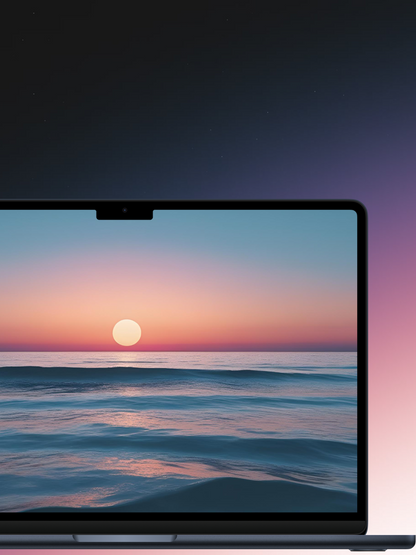 The image shows a close-up digital illustration of a laptop screen displaying a serene sunset over an ocean.