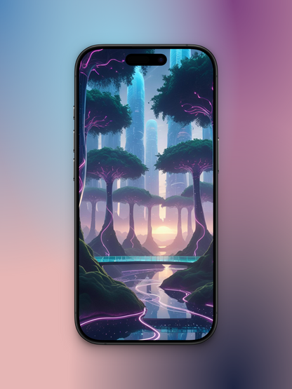 oasis futurista imagen de portada para wallpaper de febrero con bosque con arboles con raíces de rosa neon, en el fondo una hermosa ciudad tecnológica.