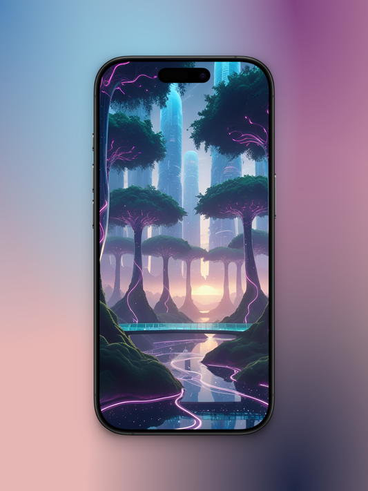 oasis futurista imagen de portada para wallpaper de febrero con bosque con arboles con raíces de rosa neon, en el fondo una hermosa ciudad tecnológica.