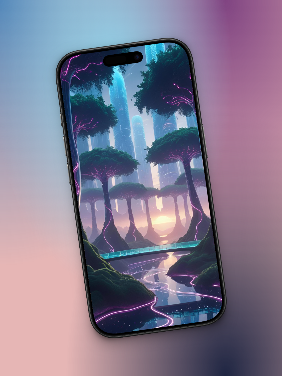 oasis futurista imagen de portada en diagonal para wallpaper de febrero con bosque con arboles con raíces de rosa neon, en el fondo una hermosa ciudad tecnológica.