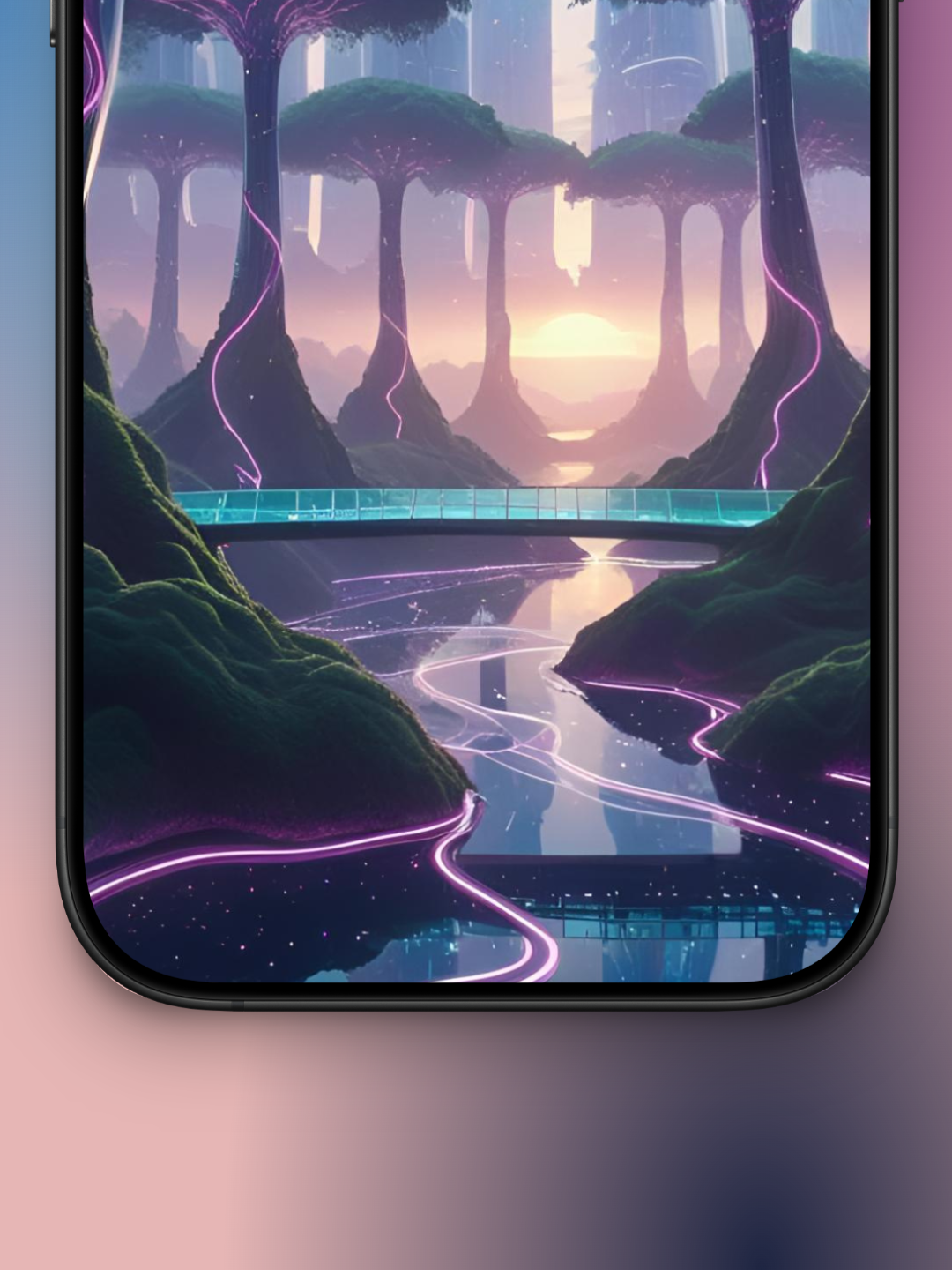 oasis futurista imagen de portada zoom de la parte de abajo para wallpaper de febrero con bosque con arboles con raíces de rosa neon, en el fondo una hermosa ciudad tecnológica.