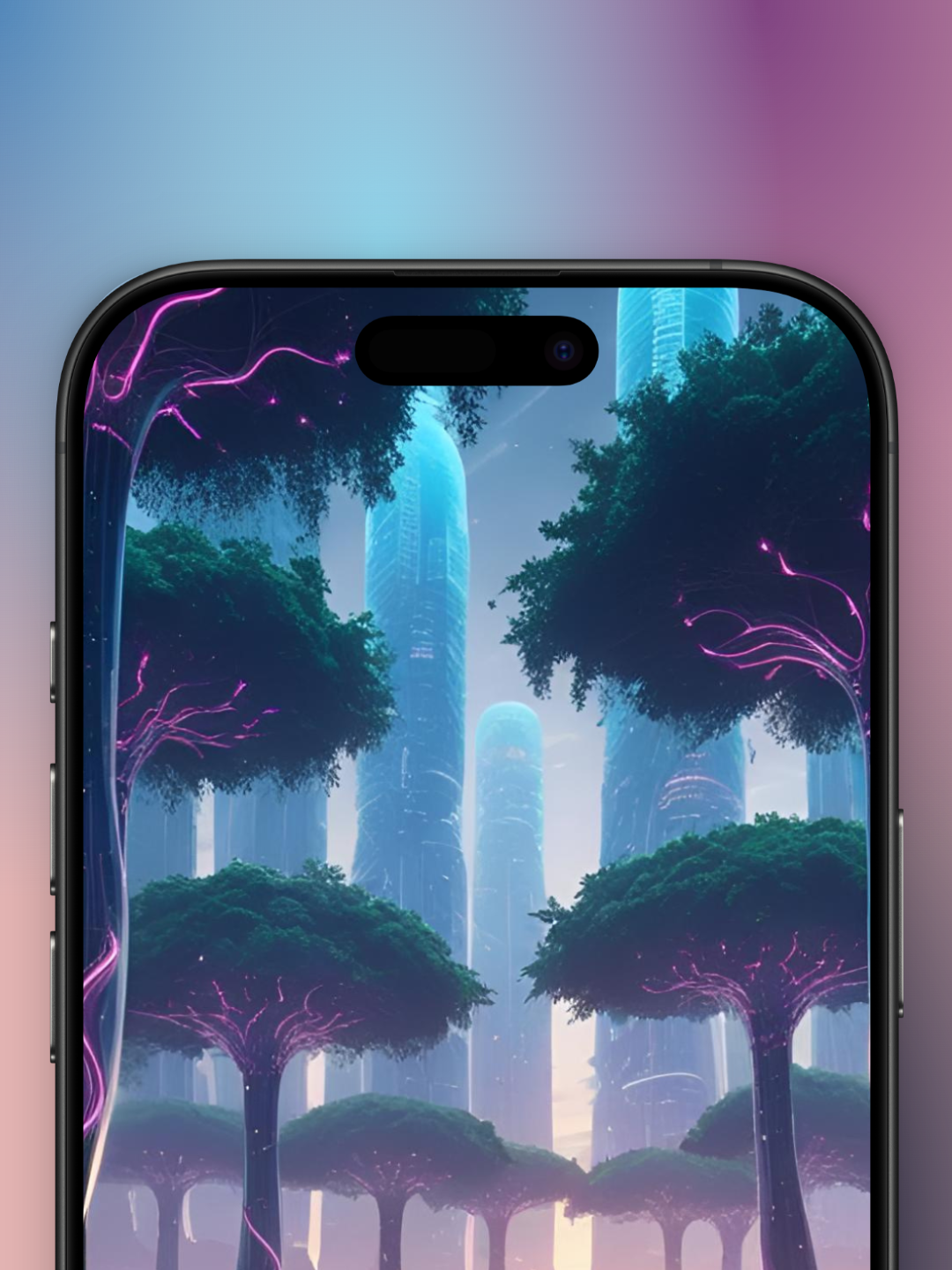 oasis futurista imagen de portada zoom de la parte de arriba para wallpaper de febrero con bosque con arboles con raíces de rosa neon, en el fondo una hermosa ciudad tecnológica.