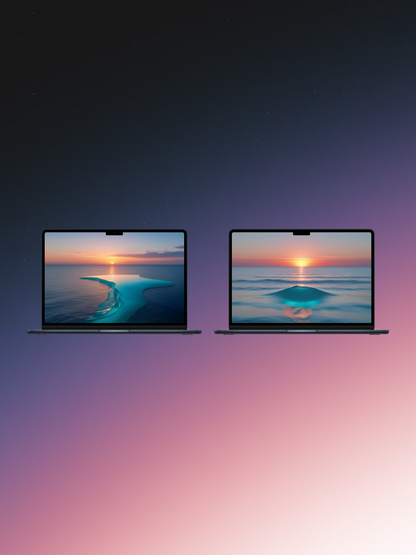 Two digital illustrations of laptops with different sunset beach scenes displayed on their screens. Both laptops are depicted against a gradient background that transitions from a dark, star-speckled night sky at the top to a soft, pink and purple hue at the bottom. The laptop on the left shows a sunset over a tranquil ocean with a small, sandy islet. The laptop on the right displays a sunset reflecting on the calm surface of the water.